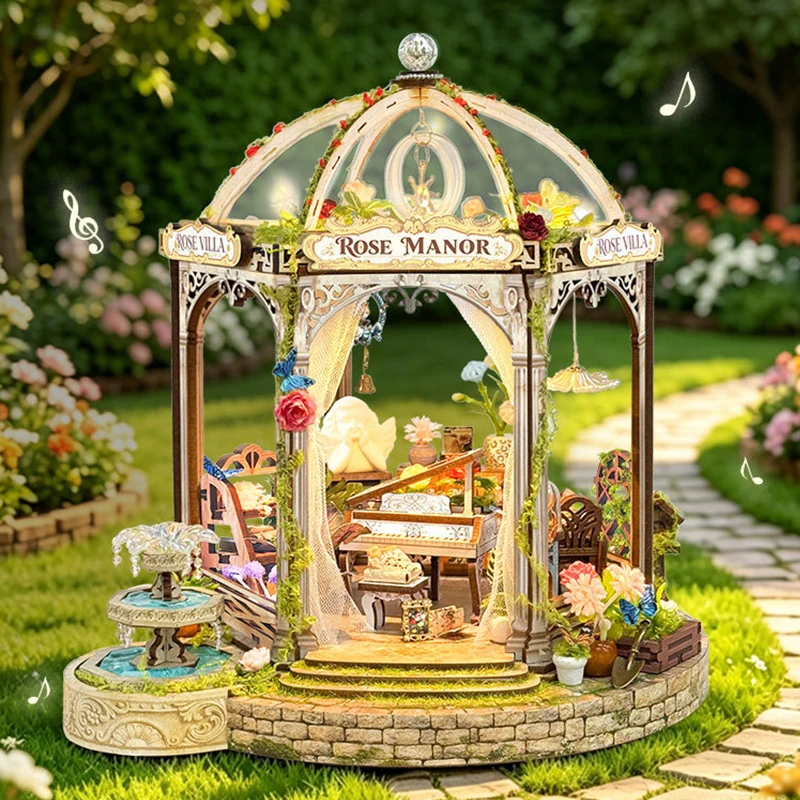 

DIY Wooden Rose Manor Cottage Figurines Miniatures Kits Mini Casa with Furniture for Friends Birthday Gifts Home Decor Crafts