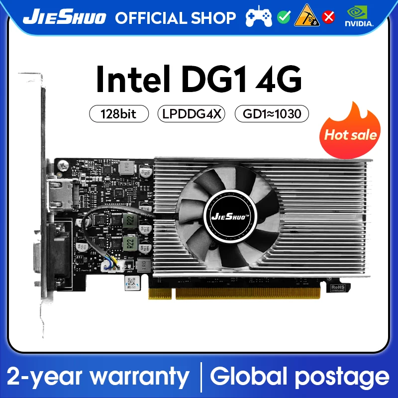 JIESHUO LNTEL DG1 4GB video graphics card GDDR6 GPU 128BIT PCI-E4.0 dg1 4g adapted to computer desktop games Office