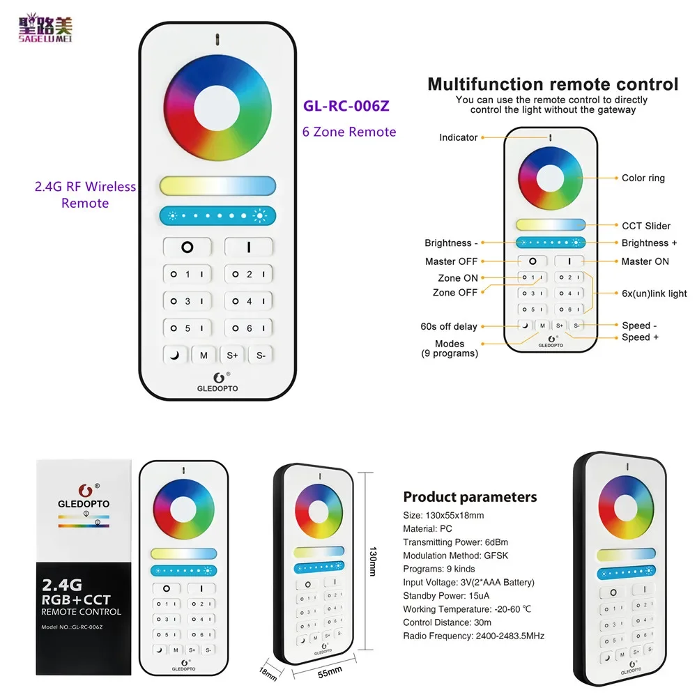 

GL-RC-006Z GLEDOPTO Smart Home Zigbee 3.0 2.4G RF Remote RGBCCT 6 Zone Group Controller Work with Pro Series LED Bulb Spotlight