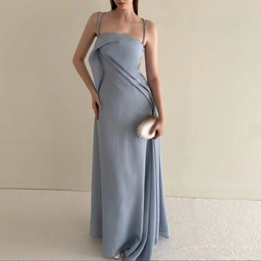 

Customized A-Line Prom Dresses Floor-Length Spaghetti Strap Sleeveless Evening Gown Simple Draped Fashion Backless Party Gown