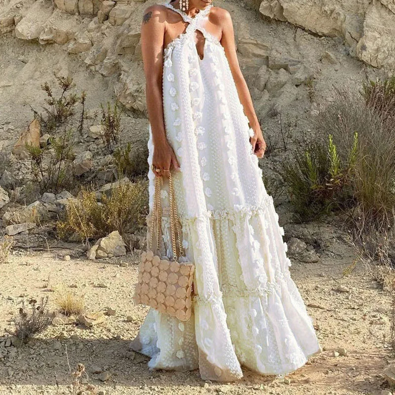 Bohemian Women's Summer Long Dress Sexy Boho Hanging Neck Sleeveless Beach Sundress Vacation Floral Evening Prom Maxi Dresses