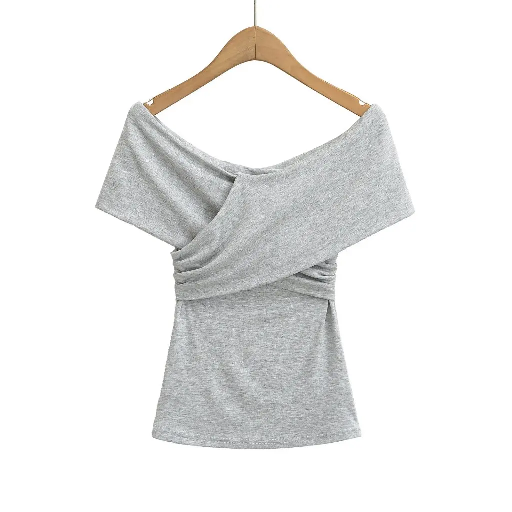 

Women's Double-Layer Cross-Knot Large V Neck Off-Shoulder Top Elastic Slim Short-Sleeved T-Shirt Hot Girl Summer Outer Wear 2025