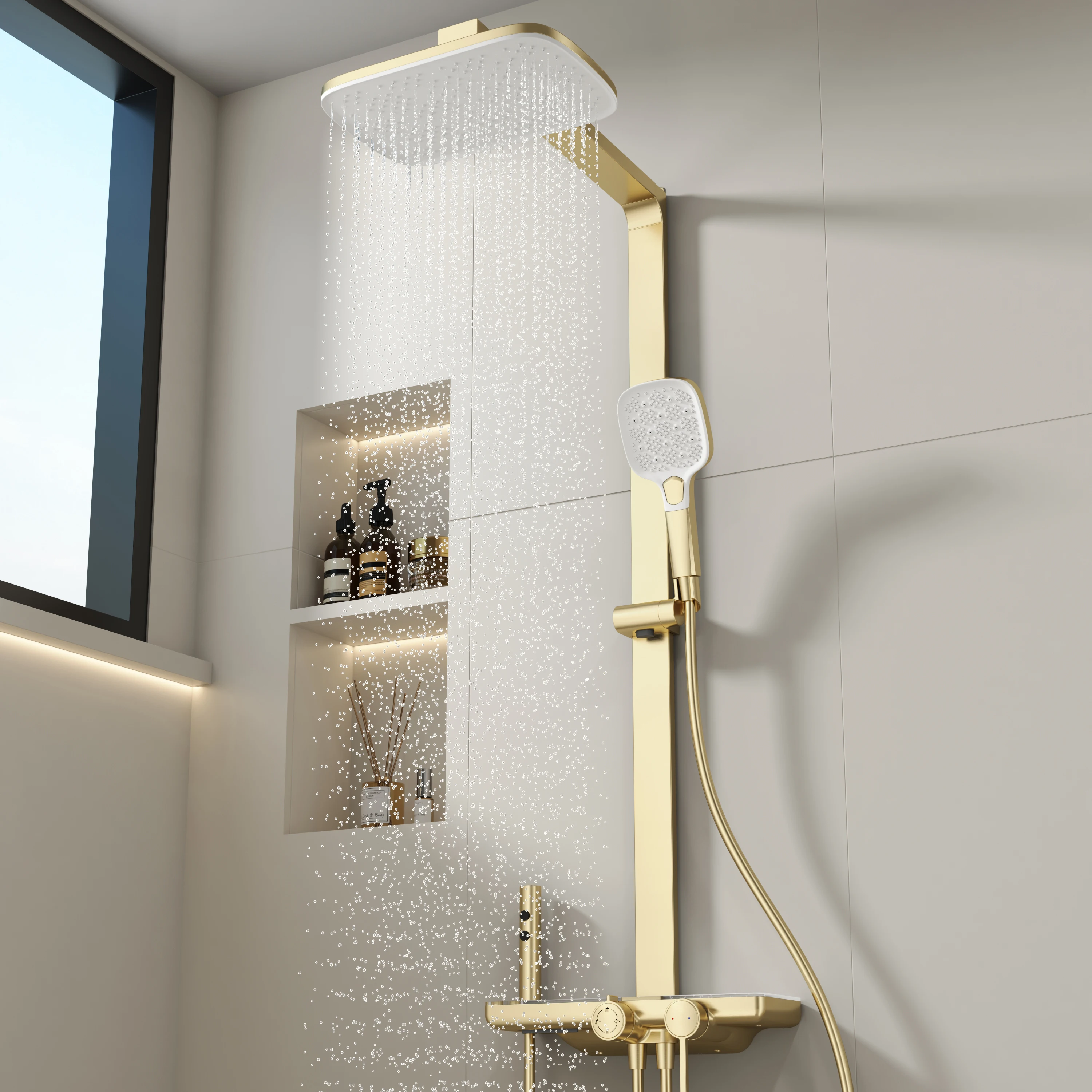 KEMAID Bathroom Shower Set Control Multifunctional Bath Shower Faucet System W/ Hand Shower Sprayer Brushed Gold Shower System