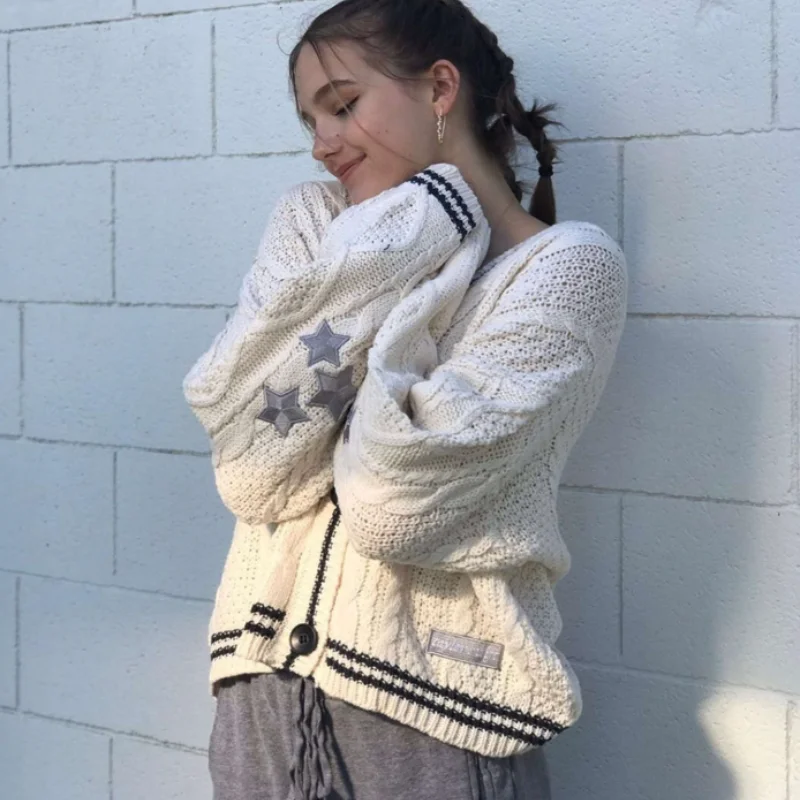 Beige Folklore Cardigan Women Letter Patch with Star Embroidered Knitted Sweater Female Winter Autumn Casual Oversized Cardigans