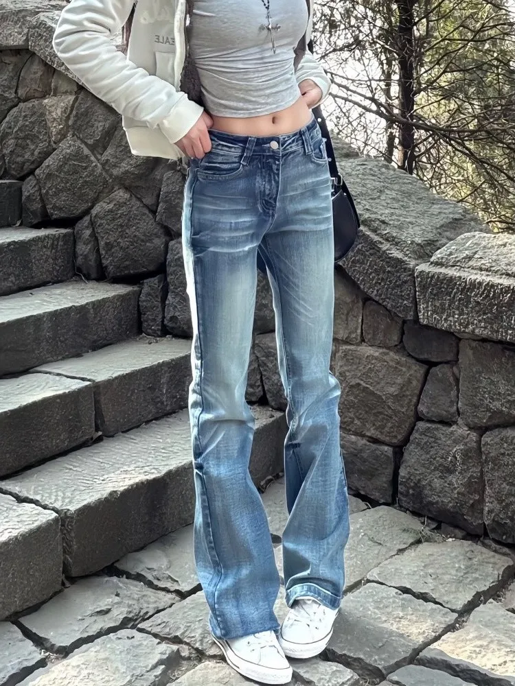 Calças Jeans Retrô Americanas Slim Fit com Corte Boca de Sino para Homens e Mulheres, Calças Compridas de Perna Reta Casuais, Jeans Elásticos Modelado