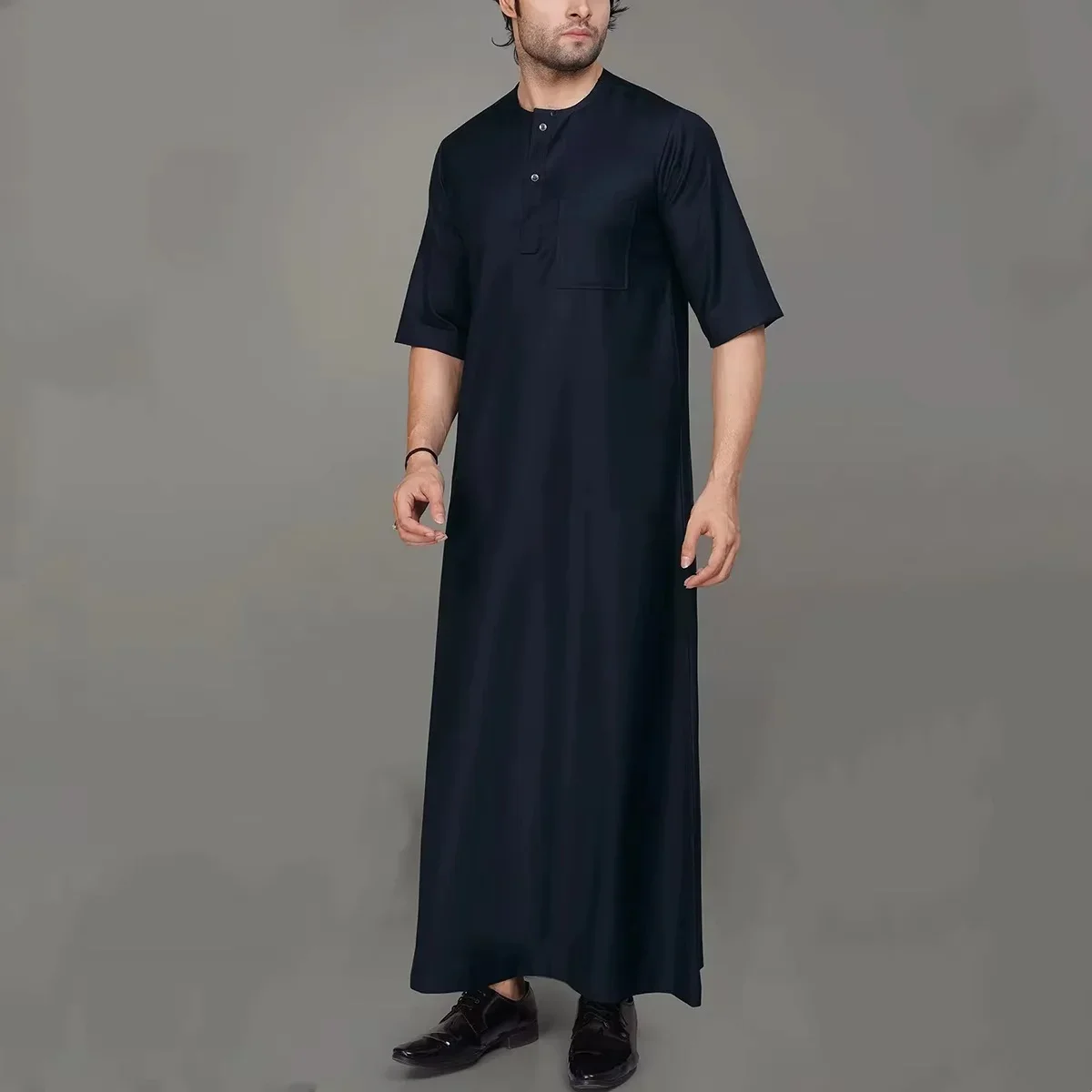 

Jubba Thobe style men's robe, retro dignified solid color robe, standing collar short sleeved Muslim daily Muslim Fashion