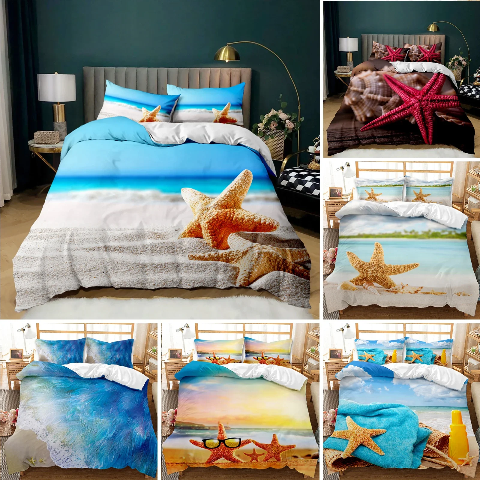 Beach Themed Bedding Set Blue Ocean Duvet Cover Set Starfish Coastal Bedding Beach Queen/King/Full Polyester Comforter Cover