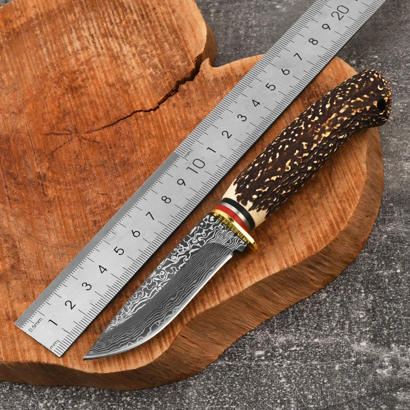 Маленький прямой нож для кемпинга на открытом воздухе, дамасский узор, нержавеющая сталь 3CR13, прямой нож высокой твердости, противоскользящая ручка