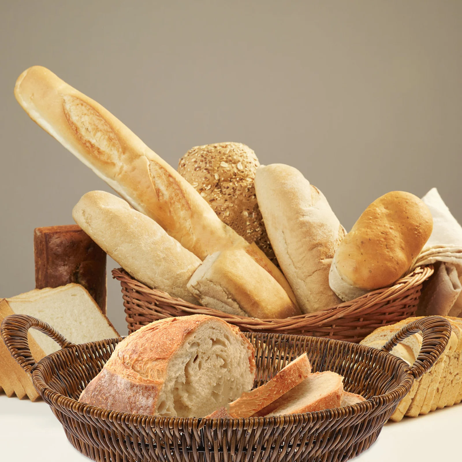 

Double Handle Bread Basket Imitation Rattan Woven Storage Tray Food Container Fruit Snack Holder Decorative Tray for Home Picnic