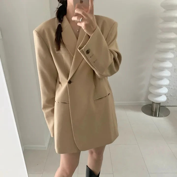 Loose Fit Asymmetrical Korean Style One Button Casual Suit Jacket Autumn Winter Open Split Design Single Breasted Outerwear