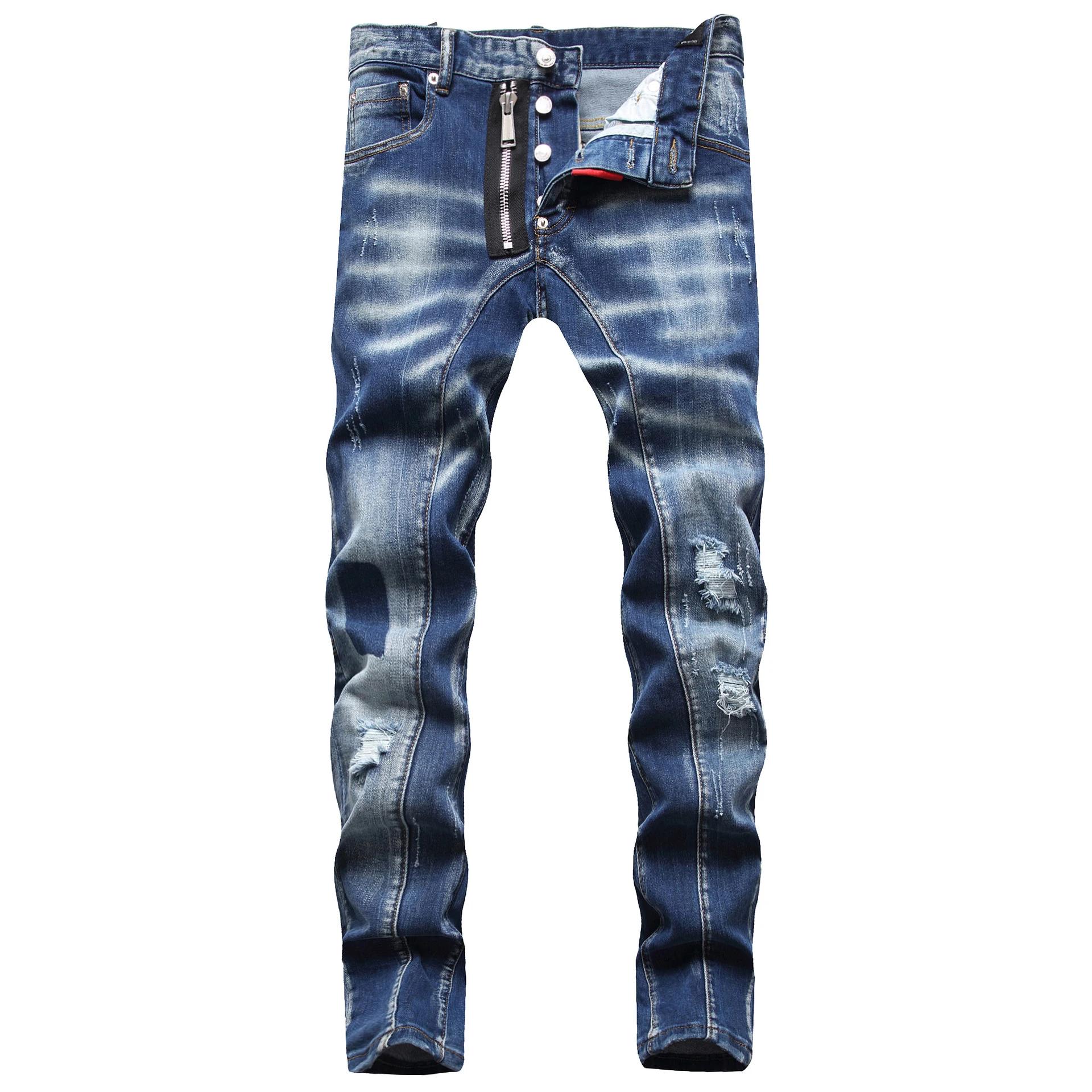 chareiharper dsq0910 plus size jeans Worn and ripped men's jeans zipper trim slim slim feet trend mid-waist pants for men