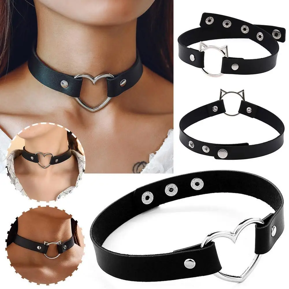 2023 New Punk Gothic PU Leather Choker Heart Cat Collar Girls Neck Fashion Accessories Women Necklace Chain Jewelry U9D6