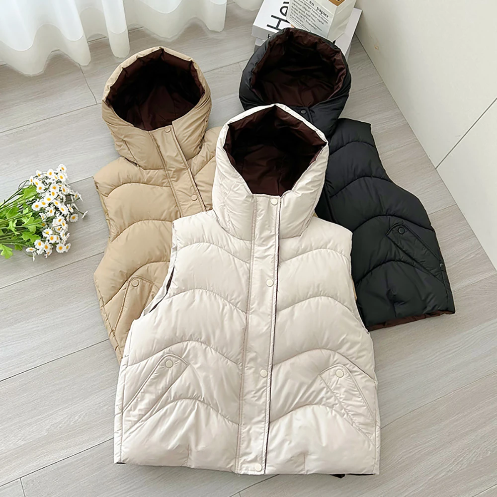 

Новинка зимы 2025 года, жилет с хлопковой подкладкой и капюшоном, женский повседневный универсальный жилет контрастного цвета на молнии, толстые теплые жилеты без рукавов, верхняя одежда