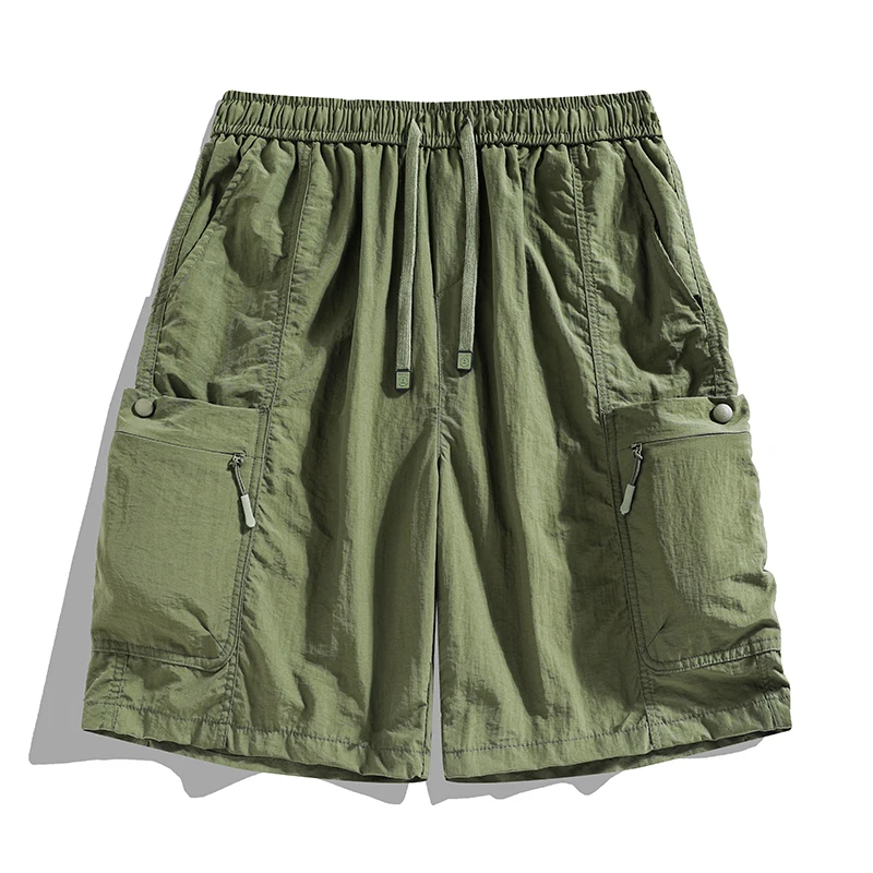 

Men‘s Olive Cargo Shorts - Lightweight Drawstring Waist Zip Pockets Summer Casual Quick Dry Hiking Travel Outdoor Streetwear