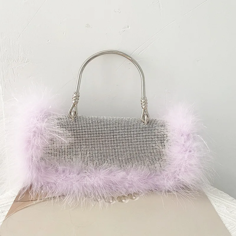 Moda avestruz pele sintética pena sacola senhoras brilhante diamante jantar festa casamento sacola
