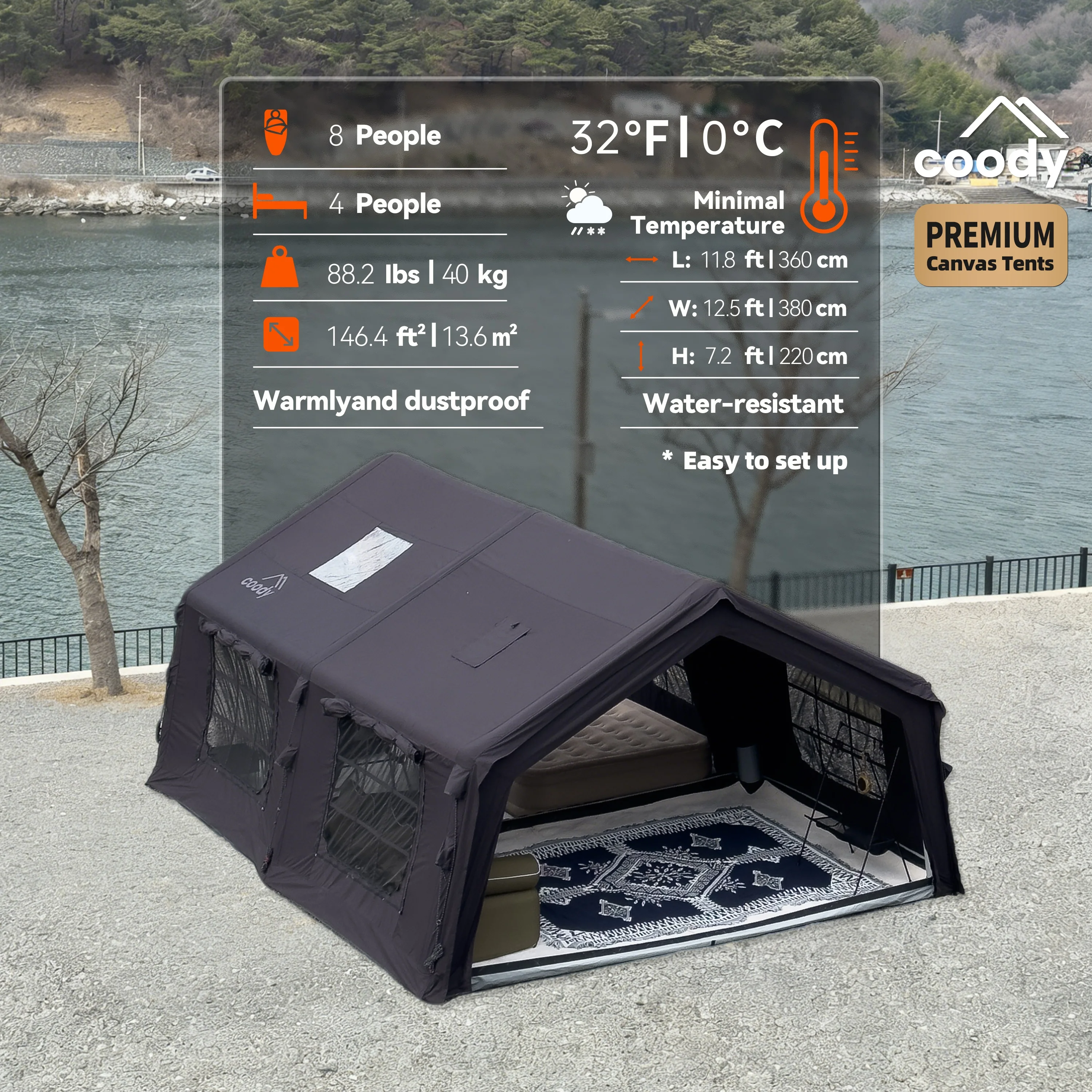 

Надувная палатка Coody 13.6 Air Tent-Black, 2 комнаты, семейная, складная, новая модель, портативная.