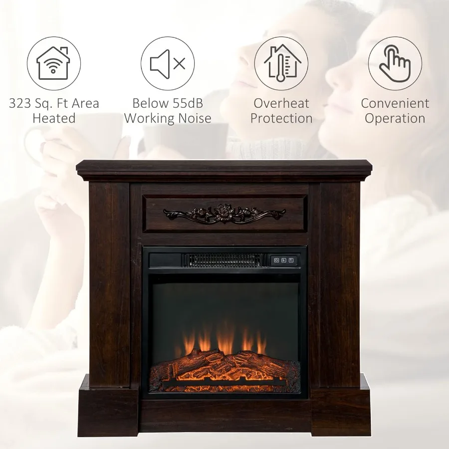 32 Electric Fireplace with Mantel Freestanding Heater Featuring LED Log Flame Simulation Advanced Overheat Protection Safety Fe