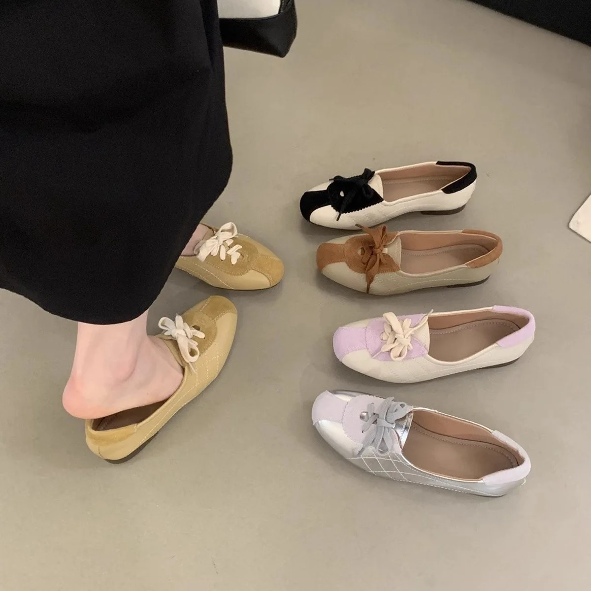 

Silver Single Shoes Women Spring and Autumn New Retro Fairy Wind Casual Tie Kuexun Slip-on Soft Leather Flat Bean Shoes