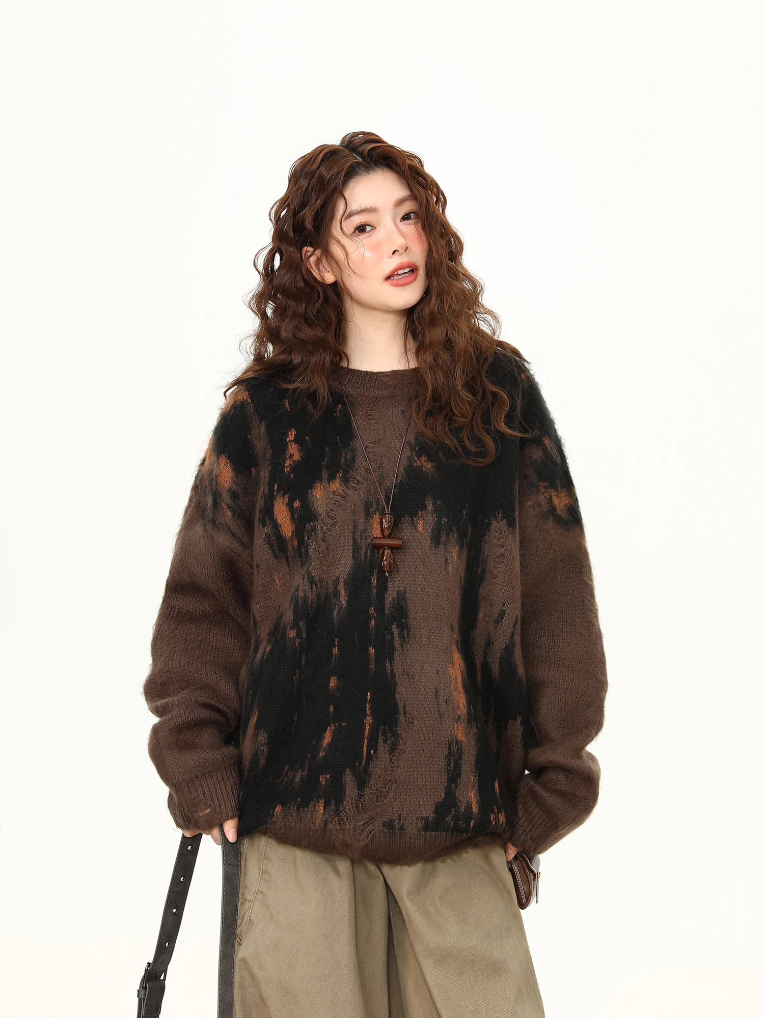 

Wild Dyed Camere Women's Sweater Autumn Winter American Retro Lazy Top Street Sle Loose Fit Long Sve round Ne Knitwear