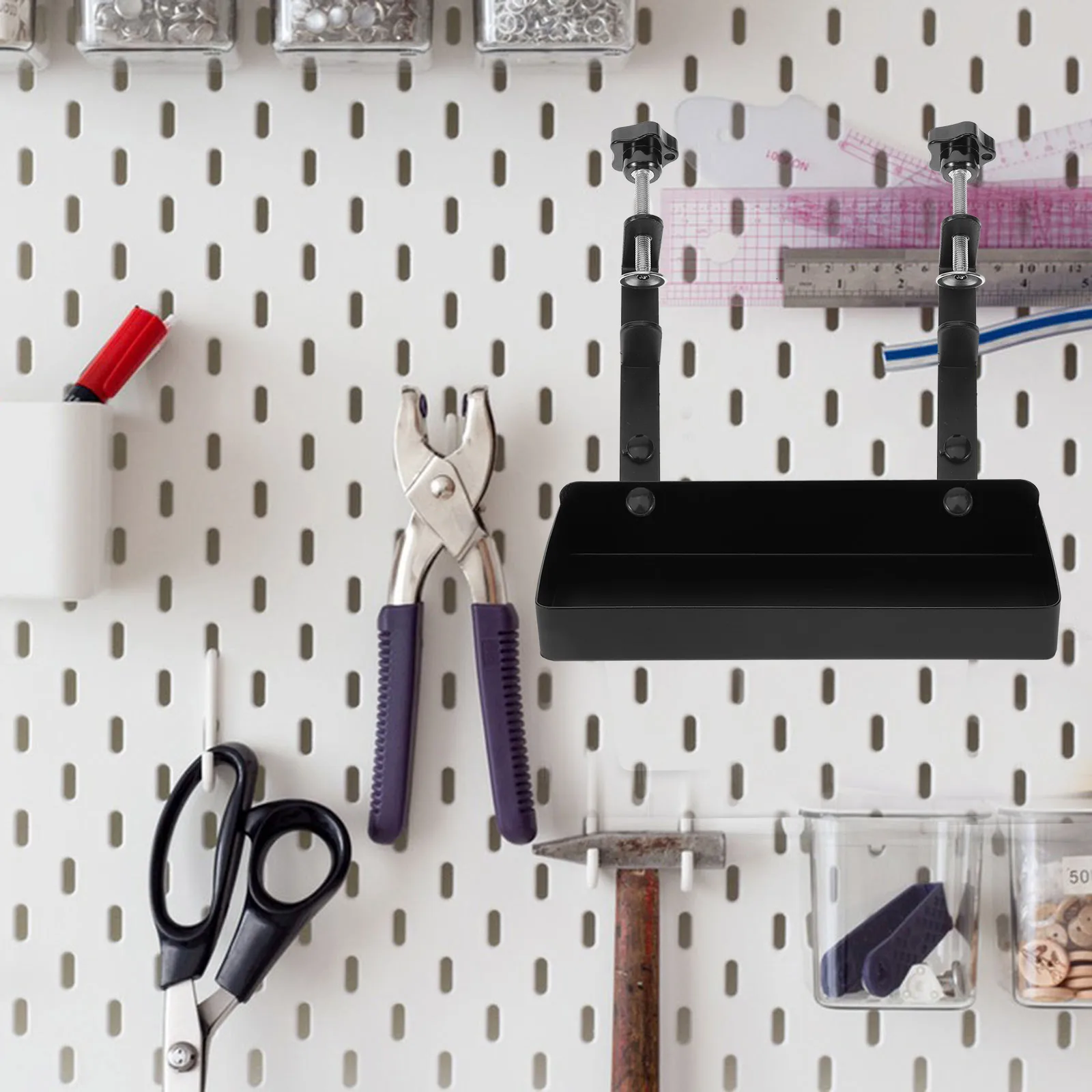 

Pegboard Organizer Long Black Box Storage Case Desktop Shelf Tool Room Garden Supplies Metal Clamp Holder Clutter Free Solution