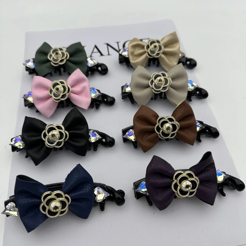 

Korean Hair Accessories Elegant Leather Butterfly Bow Banana Clip Camellia Rhinestone Hair Claw Fashion Women's Chic Hairpin