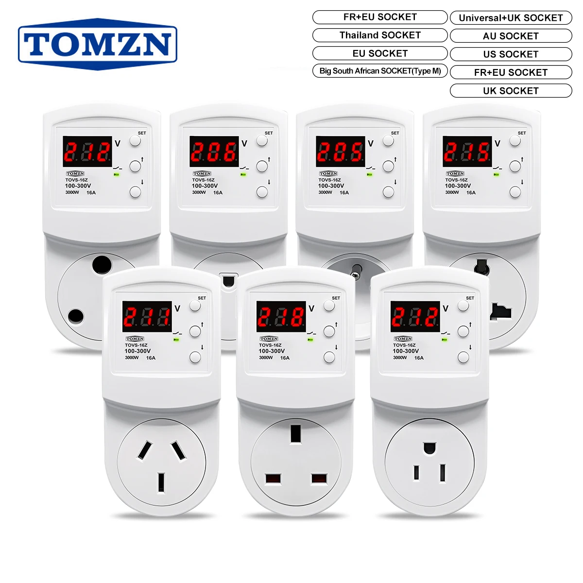 TOMZN TOVS-16 Voltage Protector Voltage Display Universal EU Thailand AU South Africa France England Socket AC 110V 230V OVP UVP