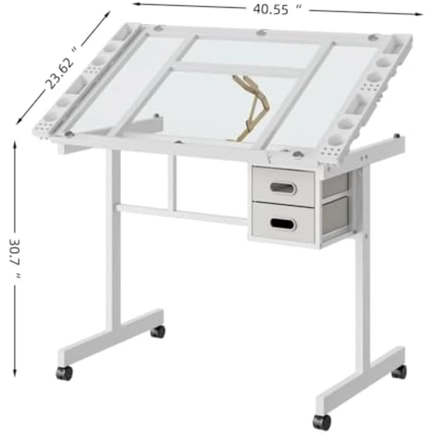 Rolling Drafting Table Desk, Painting Table Art Craft Desk Crafting Table with Adjustable Tilting Tempered Glass Top, 2