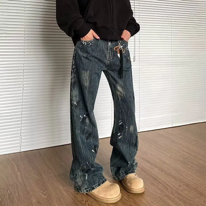 Jeans déFlexà encre éclaboussée pour hommes et femmes, pantalons décontractés amples, jambe droite américaine, embaupar nœuds, design rétro, rue haute