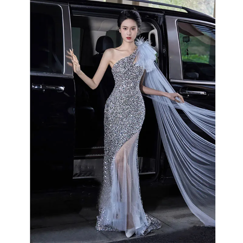 

Formal Banquet Evening Dress Shiny Blingbling Off Shoulder Feather Bowknot Lacing Party Dresses Tulle Cut-Out Mermaid Gown Grace