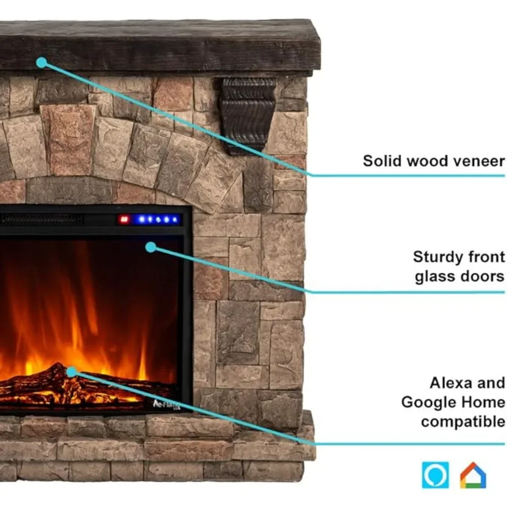 LED Electric Fireplace Stove with Imitation Wood and Stone Wall Frame - Remote Control -3D Wood and Fire