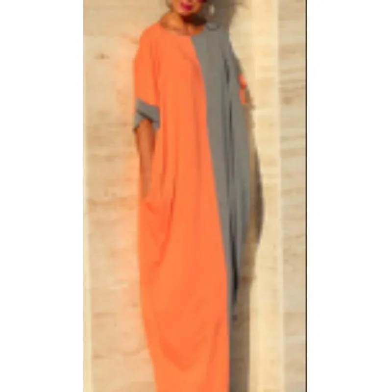 

Summer New O Neck Short Sleeve Long Dress for Women Loose Splicing Color Collision Fashion