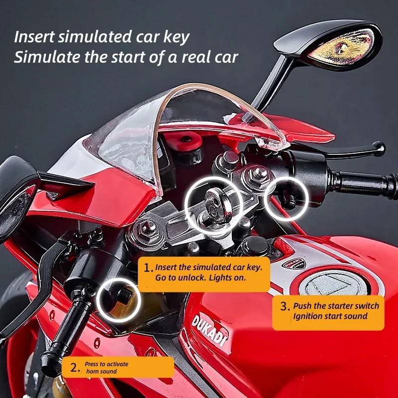 โมเดลรถมอเตอร์ไซค์ 1:9 1199 Panigale ผลิตจากโลหะผสมแบบหล่อขึ้นรูป พร้อมเสียงและไฟ ของเล่นรถออฟโรด ของสะสม พร้อมฟังก์ชั่นพ่นสี