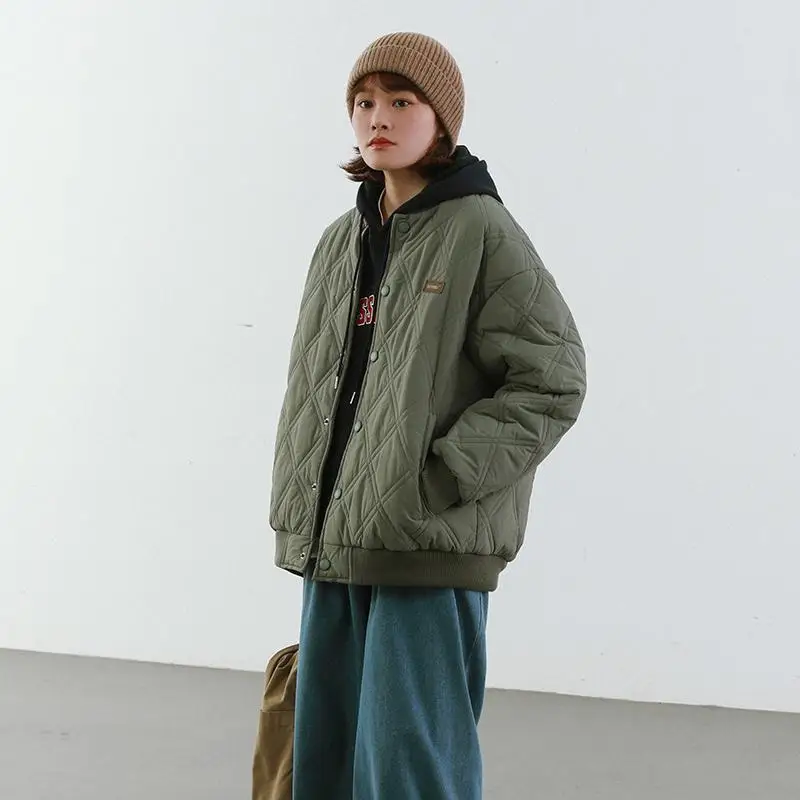 Autumn and winter short coat women's diamond lattice loose hip-hop stand-up collar solid color casual street cotton coat women