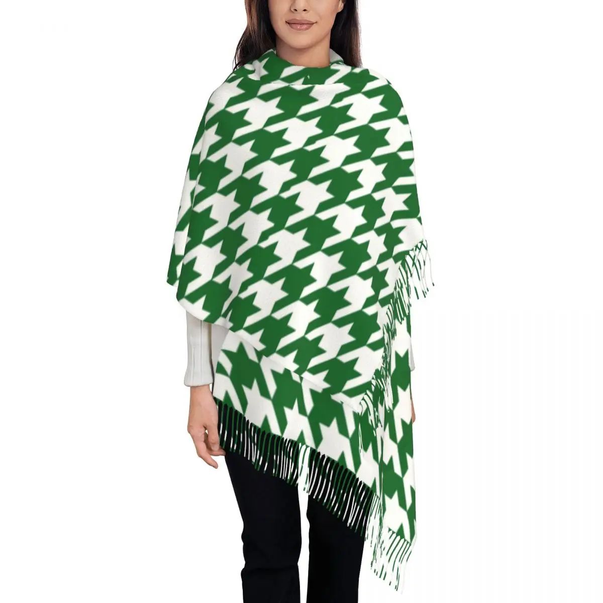 Green Houndstooth Geometric Scarf Wrap for Women Long Winter Warm Tassel Shawl Unisex Classic Retro Scarves