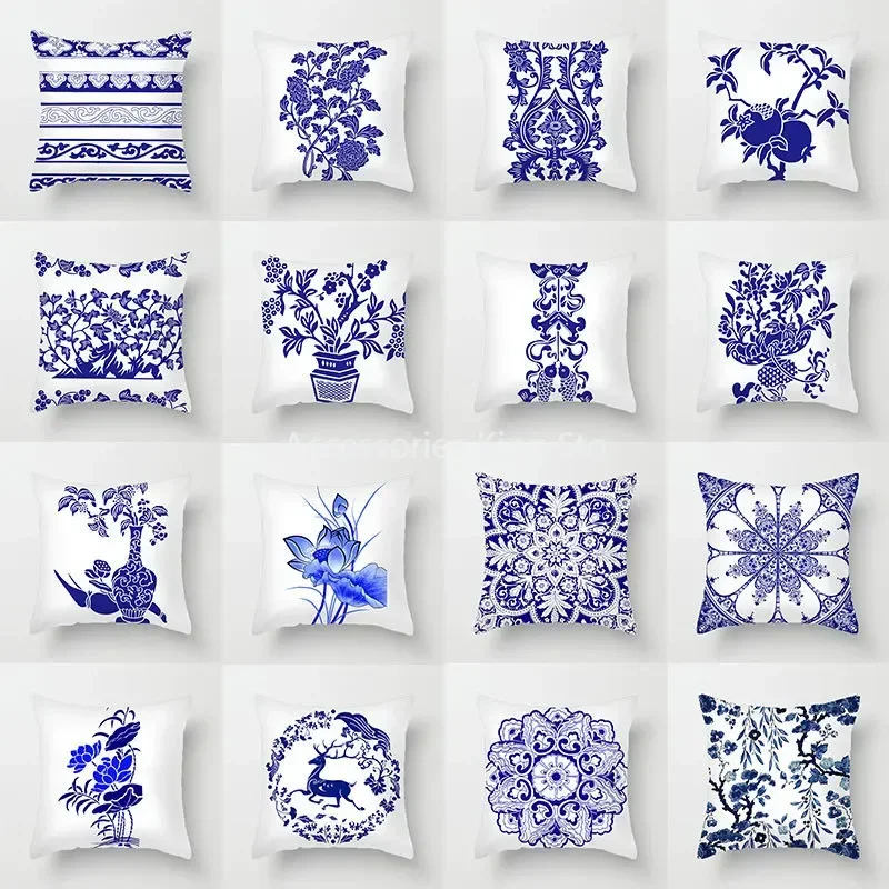 40/45/50/60cm Blue Geometric Floral Printed Pillow Case Soft Cushion Cover for Home Sofa Car Bedroom Pillow Covers