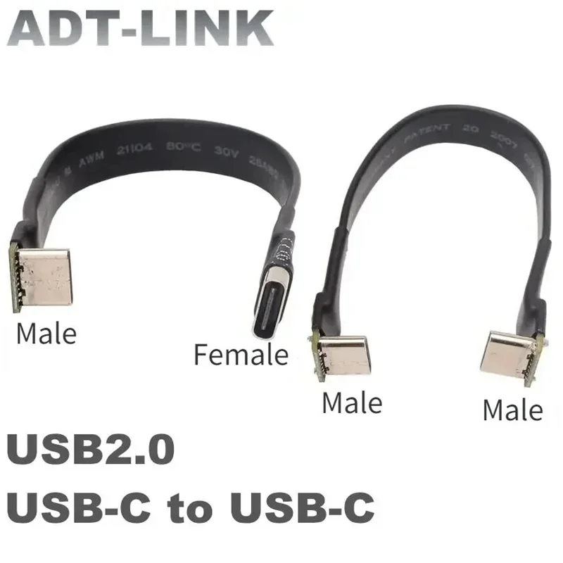 USB 2.0 Typ C Płaski kabel wstęgowy Ekranowany przedłużacz FPC Kabel USB 2.0 USB-C 90 stopni w górę/w dół Złącza kątowe 5CM-3M Do TV PC