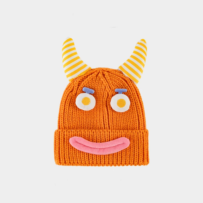 Funny Cow Horn Hat for Kids Children 5-12 years Cute Boys Girls Warm Winter Beanie Unisex Knitted Autumn Hat