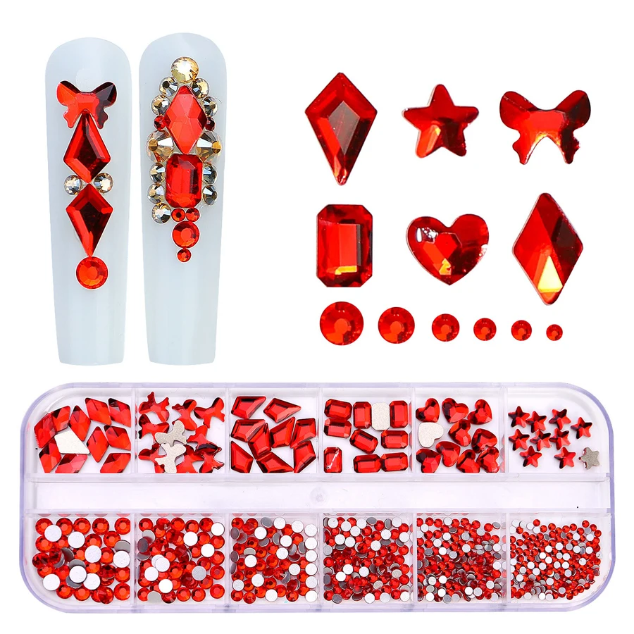 12-Fächer-Box mit mehrfarbigen Flachrücken-Strasssteinen, Kristall-Edelsteinen, 3D-Glitzer-Nagelkunst-Dekorationen, luxuriöse Nagelkunst-Zubehörteile – Detail 9