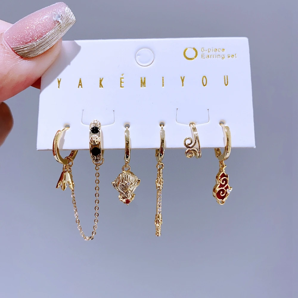 6pcs/set Black Myth Wukong Cartoon Drop Earrings for Women Gold Plated CZ Crystal Party Jewelry