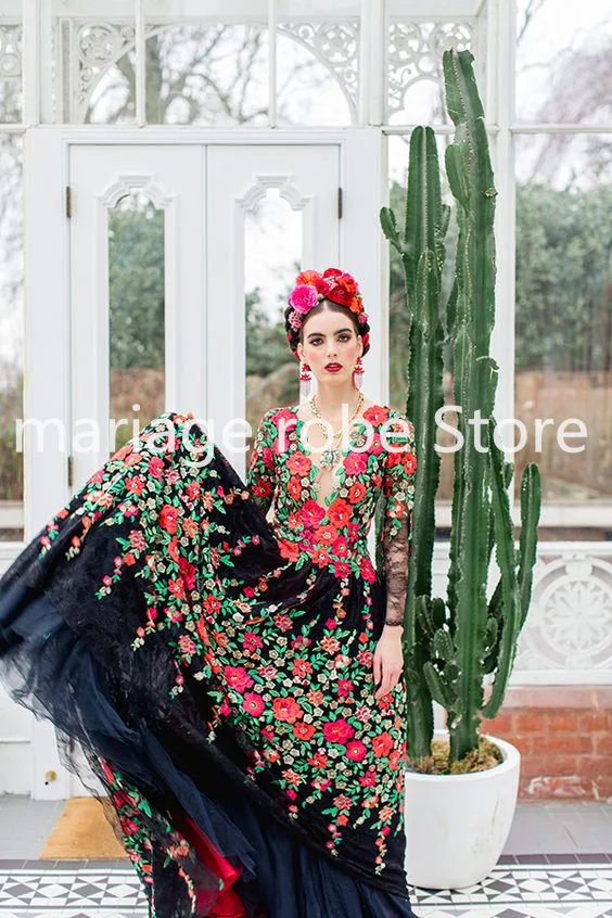 Black Bohemian Mexico Vacation Wedding Dresses Customized Long Sleeve Floral 3D Beach Garden Bridal Gown vestidos de novia 2024