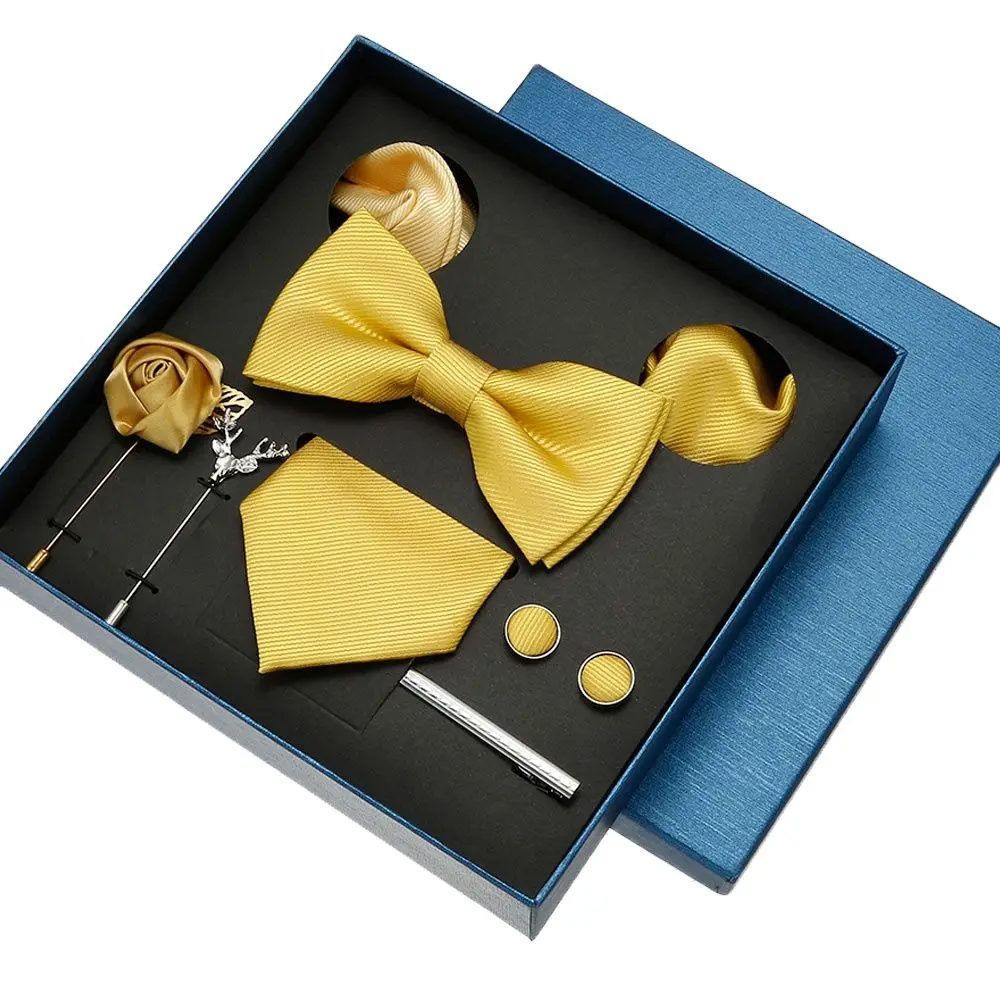 

Gold Yellow Luxury Mens Tie Set Gift Box For Men Bowtie Pocket Square Cufflinks Sets Jewelry Brooches Tie Clip For Party Wedding