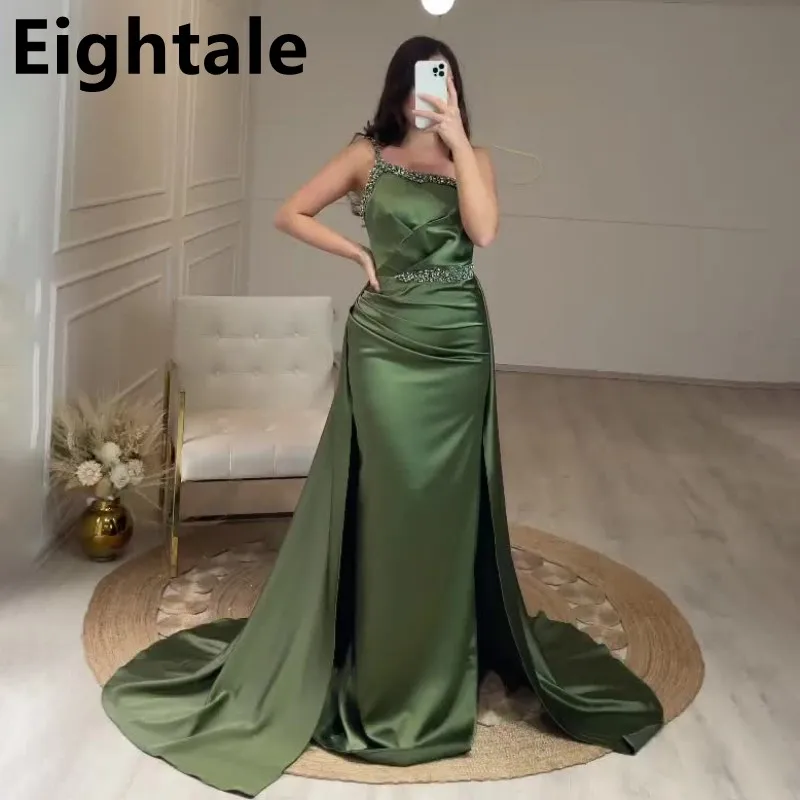 Eightale Army Green Mermaid Evening Dresses Long Luxury Beaded One Shoulder Prom Dress Waist Train Formal Party Gown Customized