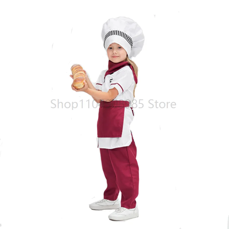 

New Arrival Unisex Baker Child Halloween Fancy Dress Full Set Wine Red Cake Baker Chef Uniform Role-playing Dress Up Suit