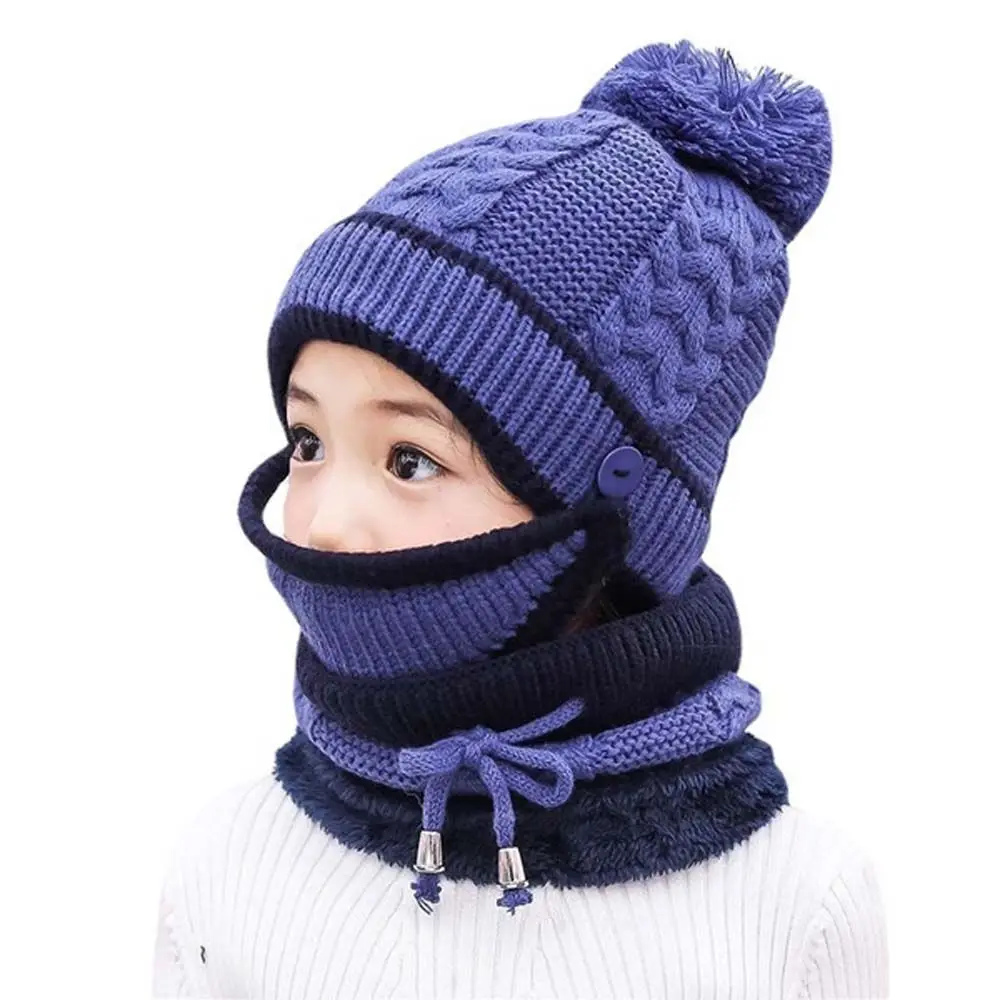 Knitting Hat Neck Warmer Full Face Cover Girls Boys Woolen Baby Bonnet Hedging Hat Scarf Set Kids Caps Kids Winter  Hats