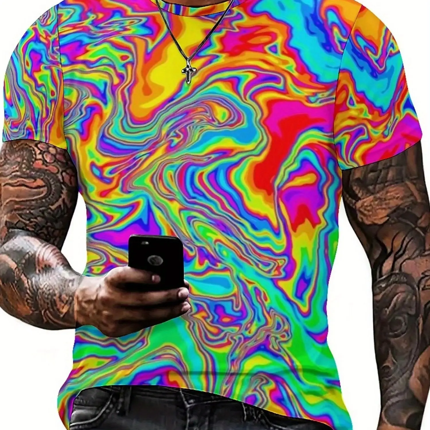 Camiseta masculina vibrante tie-dye com estampa 3D de manga curta estilo punk divertido, tecido de poliéster leve e respirável