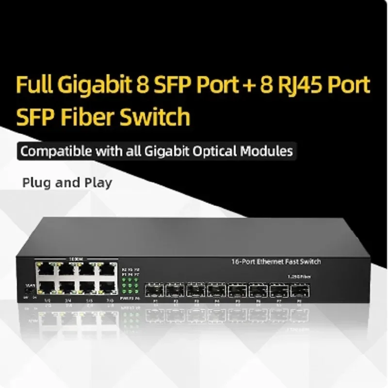 

ZJ Full Gigabit 8 SFP Port + 8 RJ45 Port SFP Fiber Switch Compatible with all Gigabit Optical Module Plug and Play