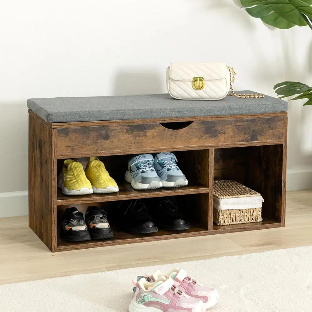 ブラウン＆グレーのパッド入り玄関靴収納ベンチ（ラック付き）