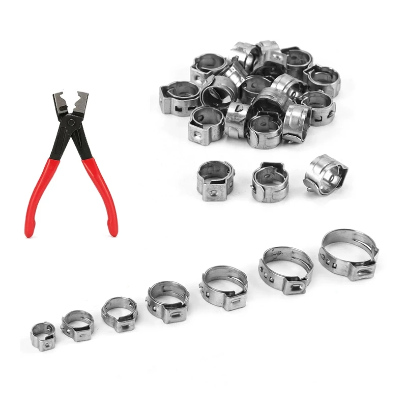 130 Piece Single Ear Stepless Hose Clamp +1PC Hose Clip Clamp Pliers Red & Silver 7-21Mm Hose Clamp Cinch Clamp Rings