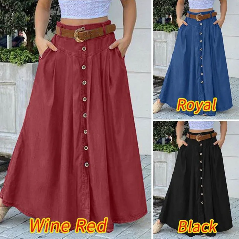 Women Casual Skirts with Pocket Solid Color High Waist Skirts Fashion Simple Elegant Girls Summer Button Skirt without Waistband