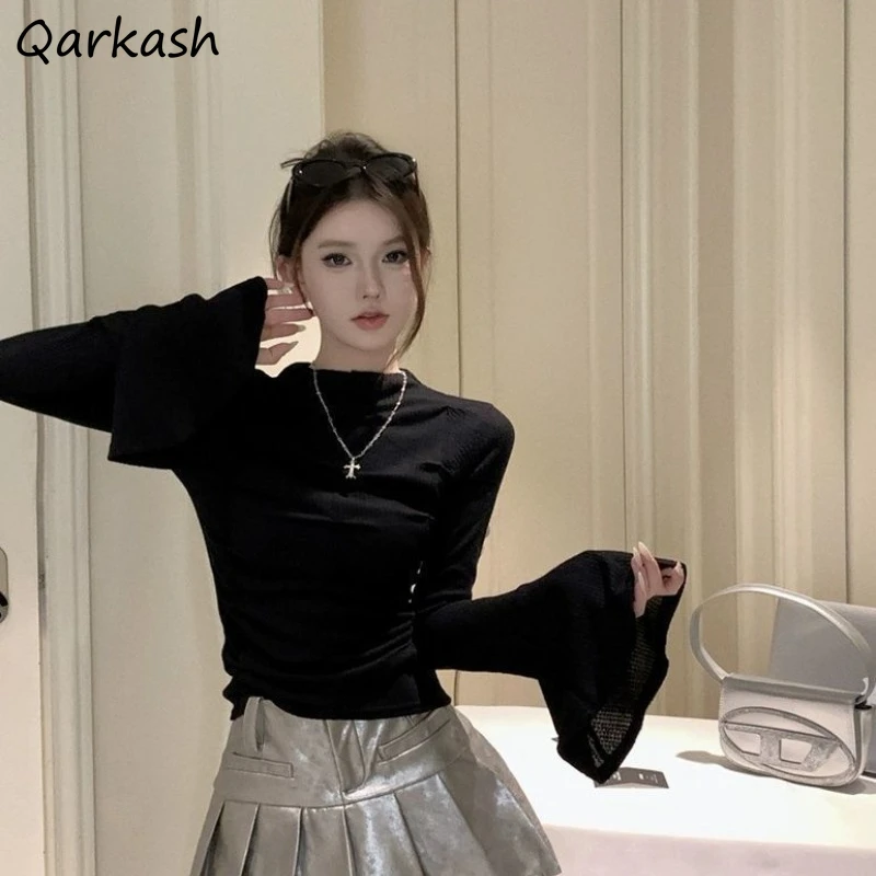 

Flare Sleeve T-shirts Women Patchwork Fashion All-match Simple Leisure Female Elegant Korean Style Slim Tops Tender Designer